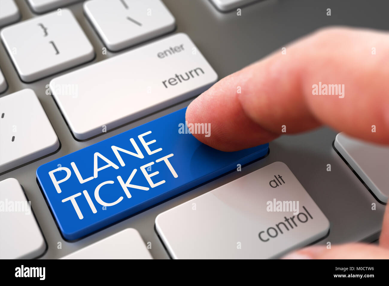 Hand Touching Plane Ticket Keypad. 3D. Stock Photo