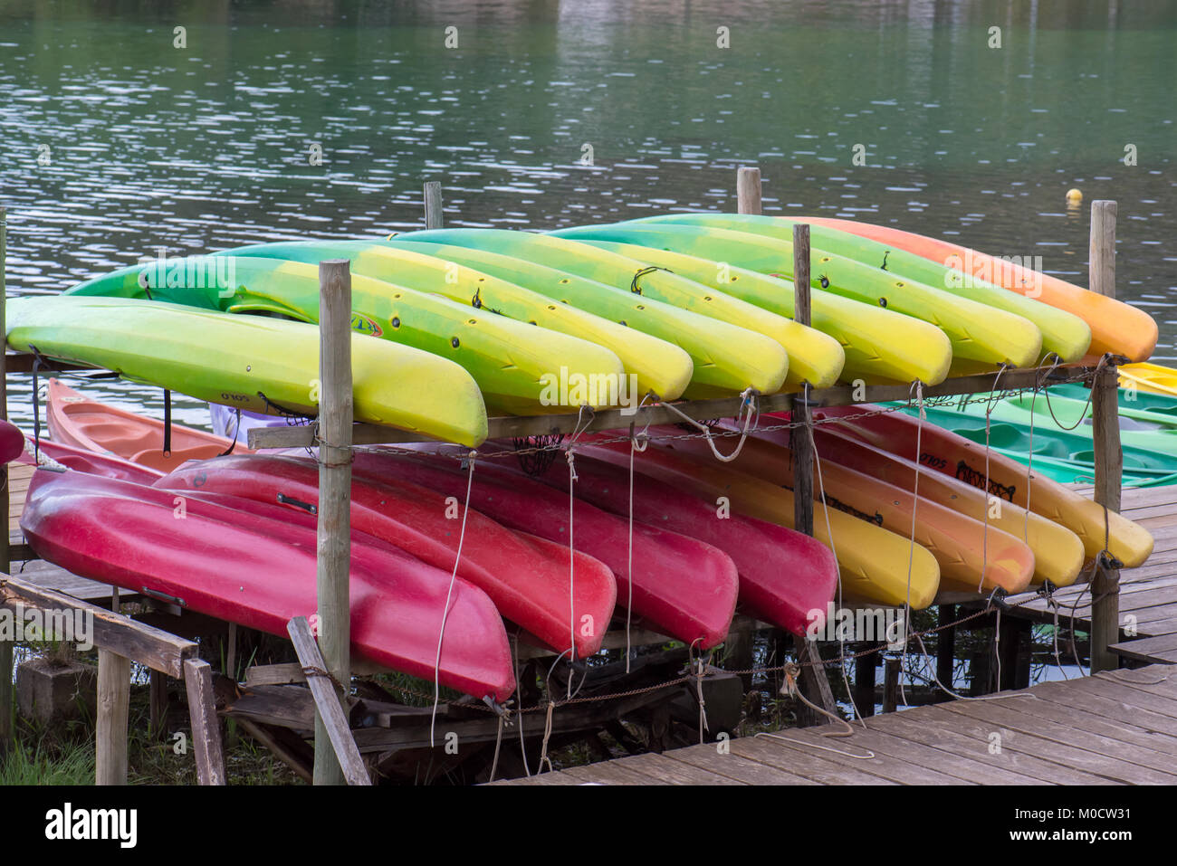 Pile of kayak store outdoor on leisure base in nature , France Stock Photo Alamy
