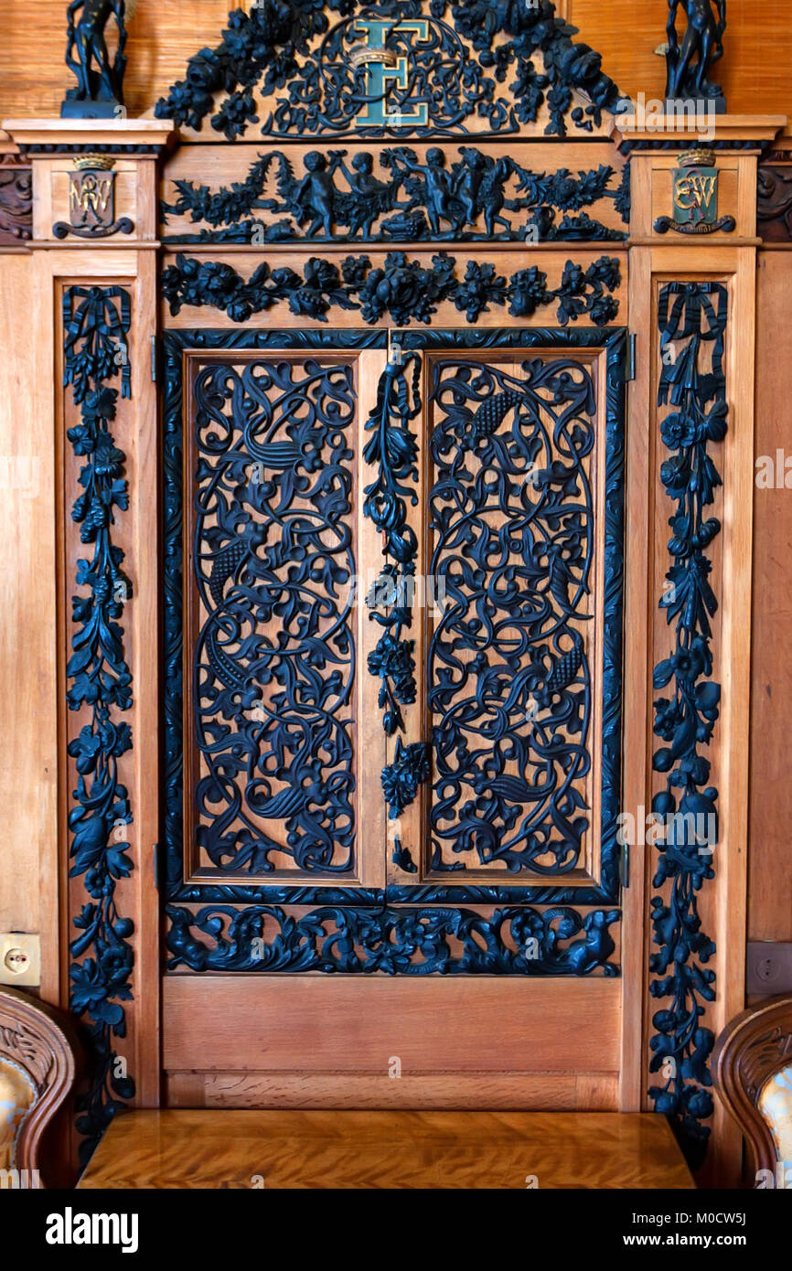 ALUPKA, RUSSIA - MARCH 21, 2013: Back of wooden throne in Vorontsov palace close Stock Photo