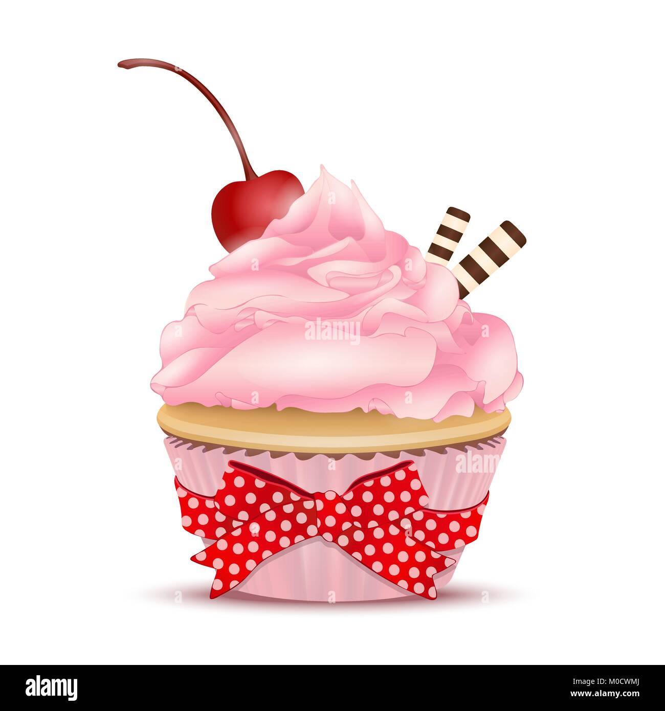 Cupcake with pink fruit cream, with a cherry on top and waffles, vector illustration. Drawing of dessert isolated on white Stock Vector