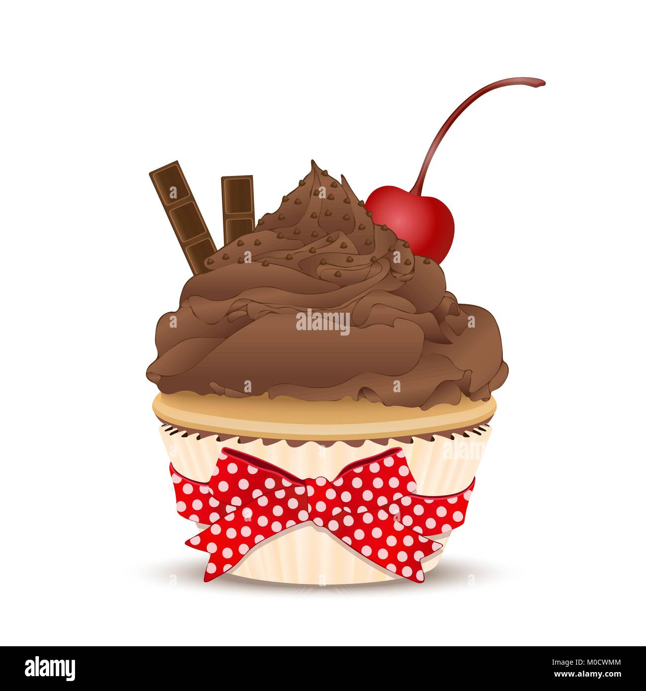 Cupcake with chocolate cream, with a cherry on top and chunks of chocolate , vector illustration. Drawing of dessert isolated on white Stock Vector
