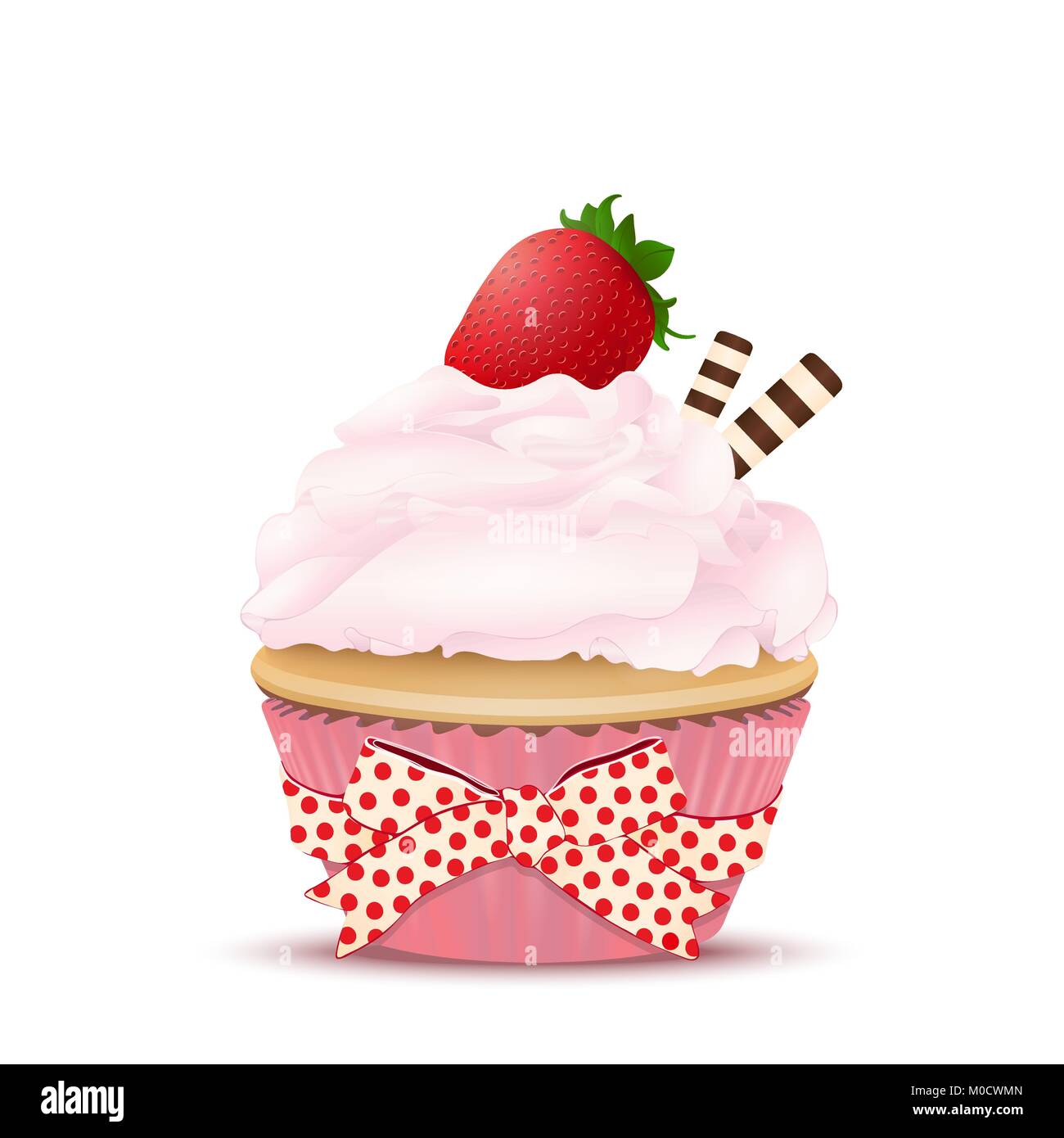 Cupcake with pink fruit cream, with a strawberry on top and waffles, vector illustration. Drawing of dessert isolated on white Stock Vector