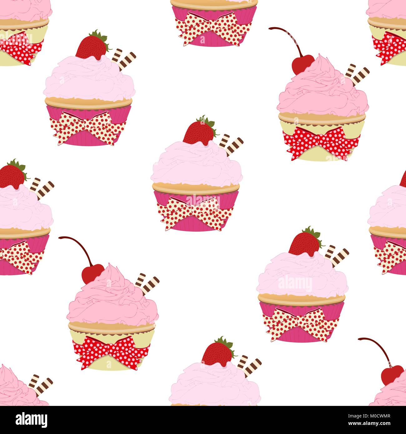 Cupcake seamless pattern, vector background. Cakes with pink fruit cream, with a cherry and strawberries on top on a white backdrop. Painted dessert f Stock Vector