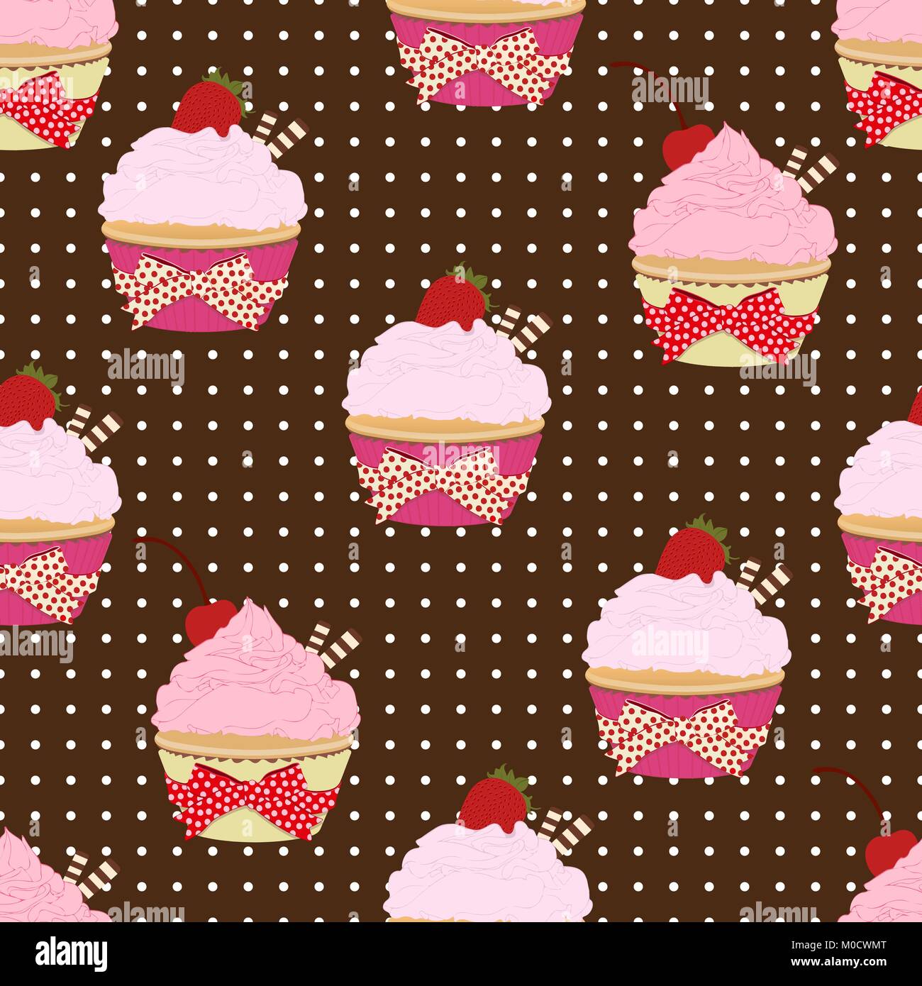 Cupcake seamless pattern, vector background. Cakes with pink fruit cream, with a cherry on top and waffles on a brown backdrop with polka dots. Painte Stock Vector