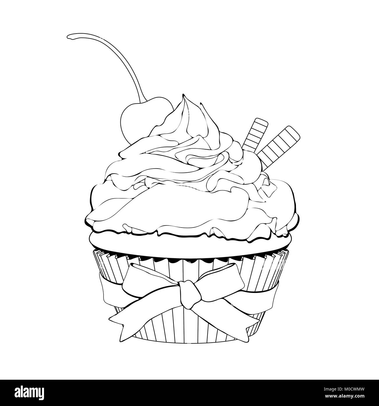 Cupcake with cream, with a cherry on top and waffles, vector outline illustration, coloring, sketch, contour black and white drawing. Drawn dessert is Stock Vector