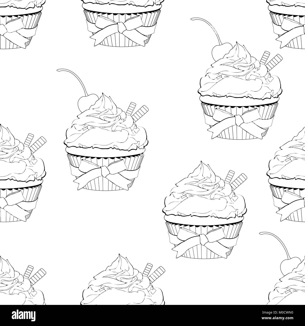 Cupcake seamless pattern, vector outline illustration, coloring, contour black and white drawing. Cakes with cream and with a cherry on top on a white Stock Vector
