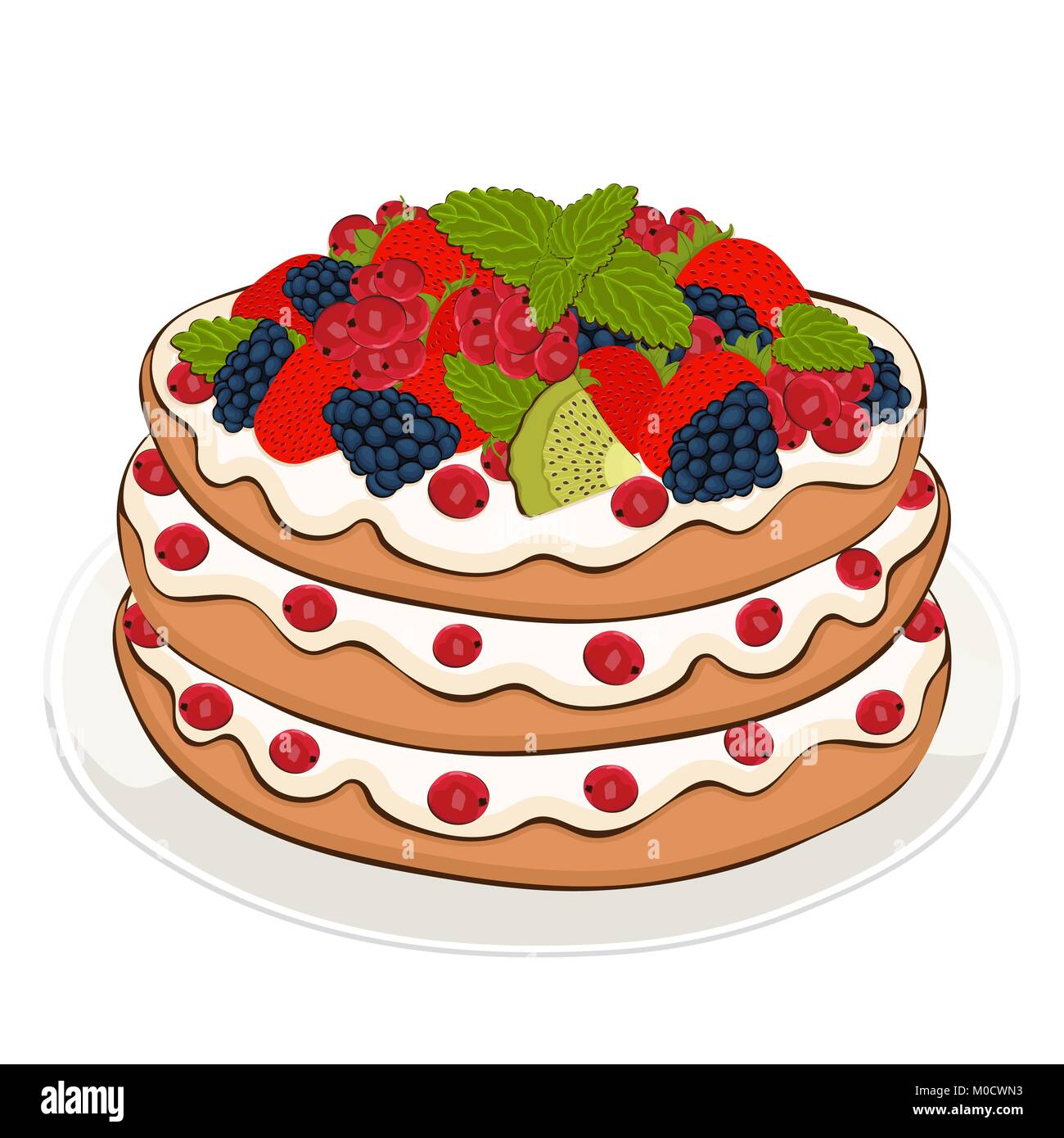 Pie with cream and berries, vector drawing, painted dessert. Layer cake with strawberry, blackberry, currant and kiwi fruit on the plate isolated on w Stock Vector