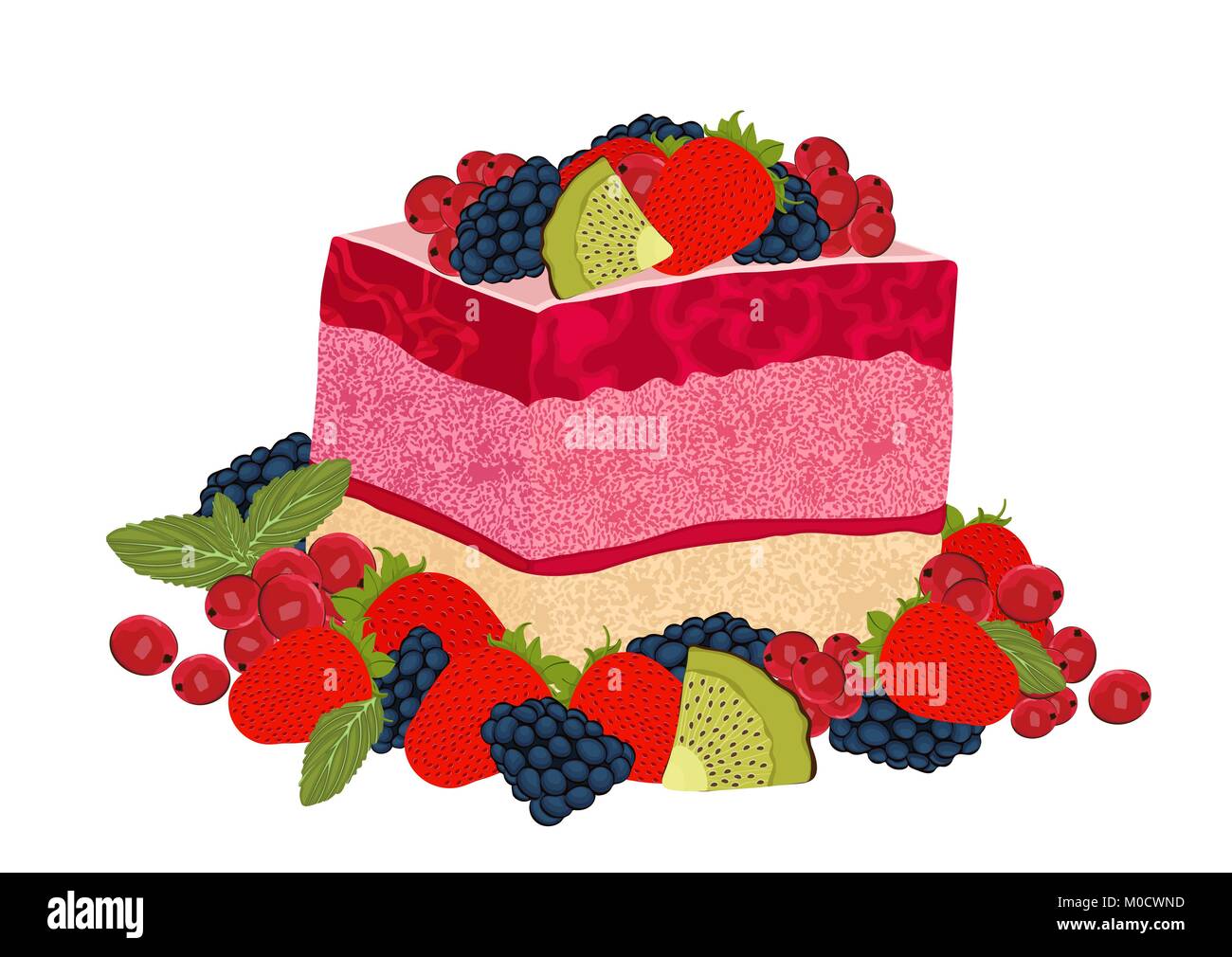 Cake with berry jelly, vector drawing, painted dessert. A piece of marmalade fruit cake decorated with many different berries, isolated on white Stock Vector