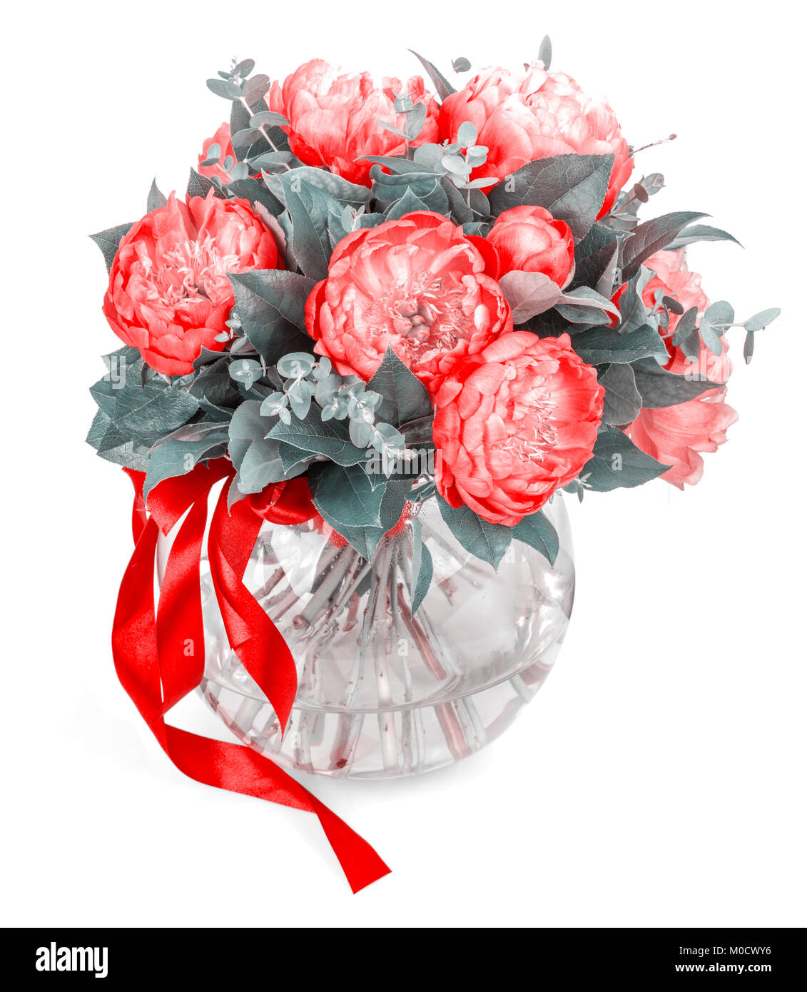 Amazing bouquet of pink pions on white background Stock Photo