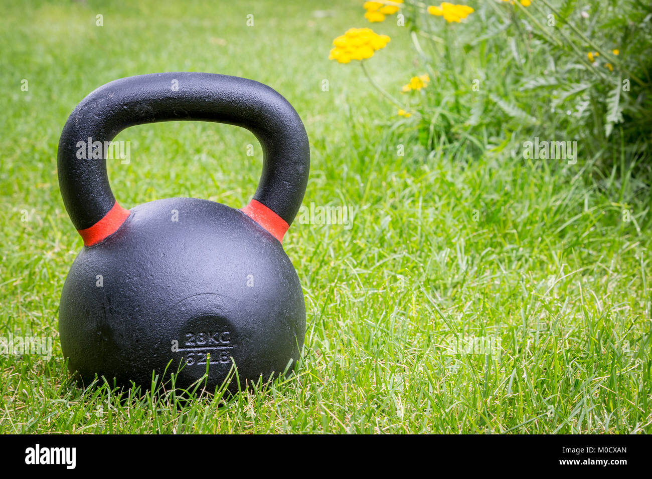 Iron Kettlebell On Green Grass In A Backyard Outdoor Fitness