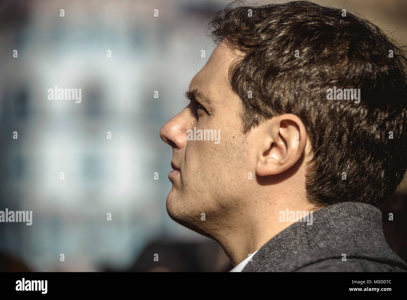 Barcelona, Spain. 20th Jan, 2018. ALBERT RIVERA, president of the Citizens party, C's, listens to a speech at the end of a demonstration in Barcelona by tens of thousands of police officers of the National Police and Civil Guard for a salary equality with the regional police forces Credit: Matthias Oesterle/Alamy Live News Stock Photo