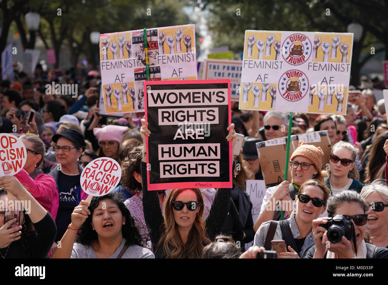 Protesters hold signs as Texas women and men attend a protest rally at the Texas Capitol in Austin on the first anniversary of the Women's March on Washington and a year after President Donald Trump's inauguration. Stock Photo