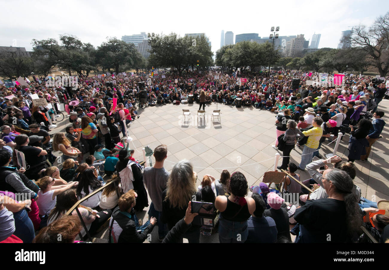 Texas state representative Donna Howard speaks at a rally at the Texas Capitol in Austin on the first anniversary of the Women's March on Washington and a year after President Donald Trump's inauguration. Stock Photo