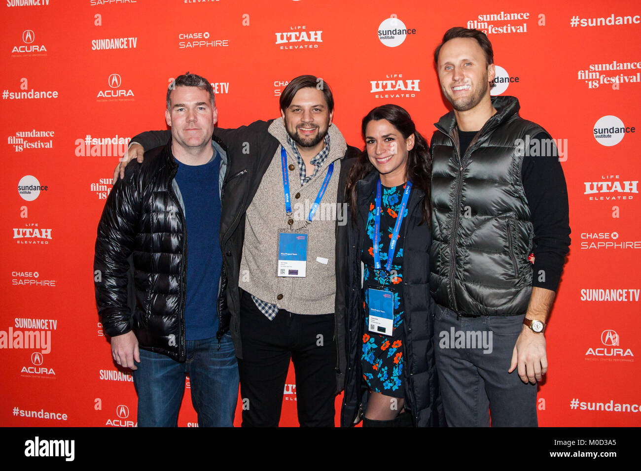 (L-R) Writer Robert Rodat, Producer Jim Young, Producer Tatiana Kelly, and Producer Buddy Patrick attend 'The Catcher Was A Spy' Premiere during the 2018 Sundance Film Festival at The Marc Theatre on January 19, 2018 in Park City, Utah. Stock Photo