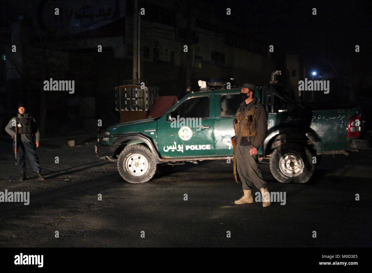 Kabul, Afghanistan. 20th Jan, 2018. Security personnel stand guard near Kabul's Intercontinental Hotel in Kabul, Afghanistan, on Jan. 20, 2018. At least one attacker and several civilians were killed as a counter-attack was underway in Kabul's Intercontinental Hotel Saturday night following a terror attack there, a source said. Credit: Rahmat Alizadah/Xinhua/Alamy Live News Stock Photo