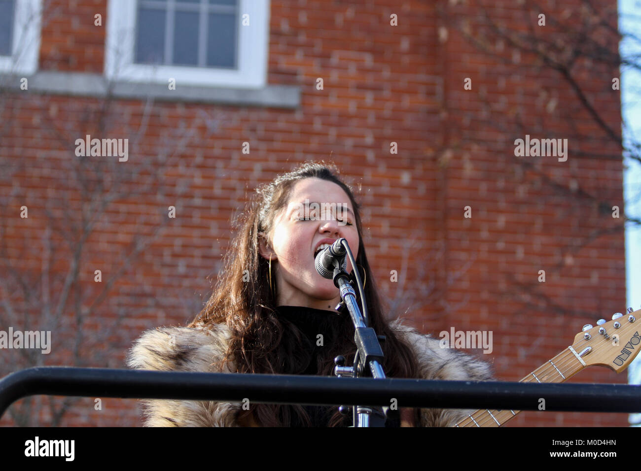 Massachusetts, USA. 20th Jan, 2018. A member of the band Kalliope Jones sings at the Second Annual Franklin County Women's Rally, Greenfield, Massachusetts, USA. 20th January, 2018 Credit: Susan Pease/Alamy Live News Stock Photo