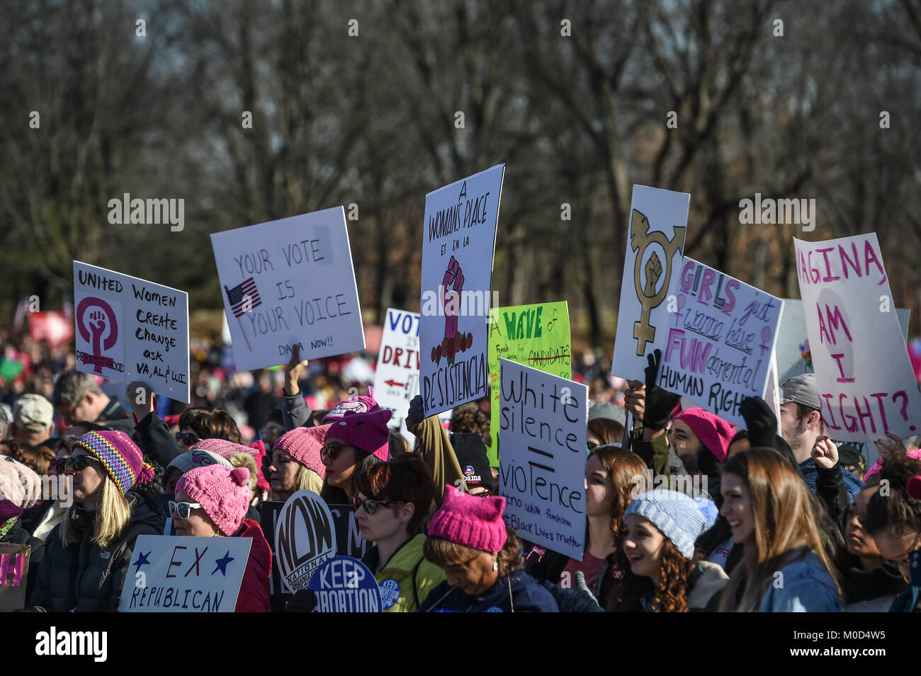Washington DC, USA. 20th Jan, 2018. Jan. 20th Jan, 2018. Protestors hold their signs high during the Women's March around Lincoln Memorial in Washington, DC, on Jan. 20, 2018 in Washington Credit: csm/Alamy Live News Credit: Cal Sport Media/Alamy Live News Stock Photo