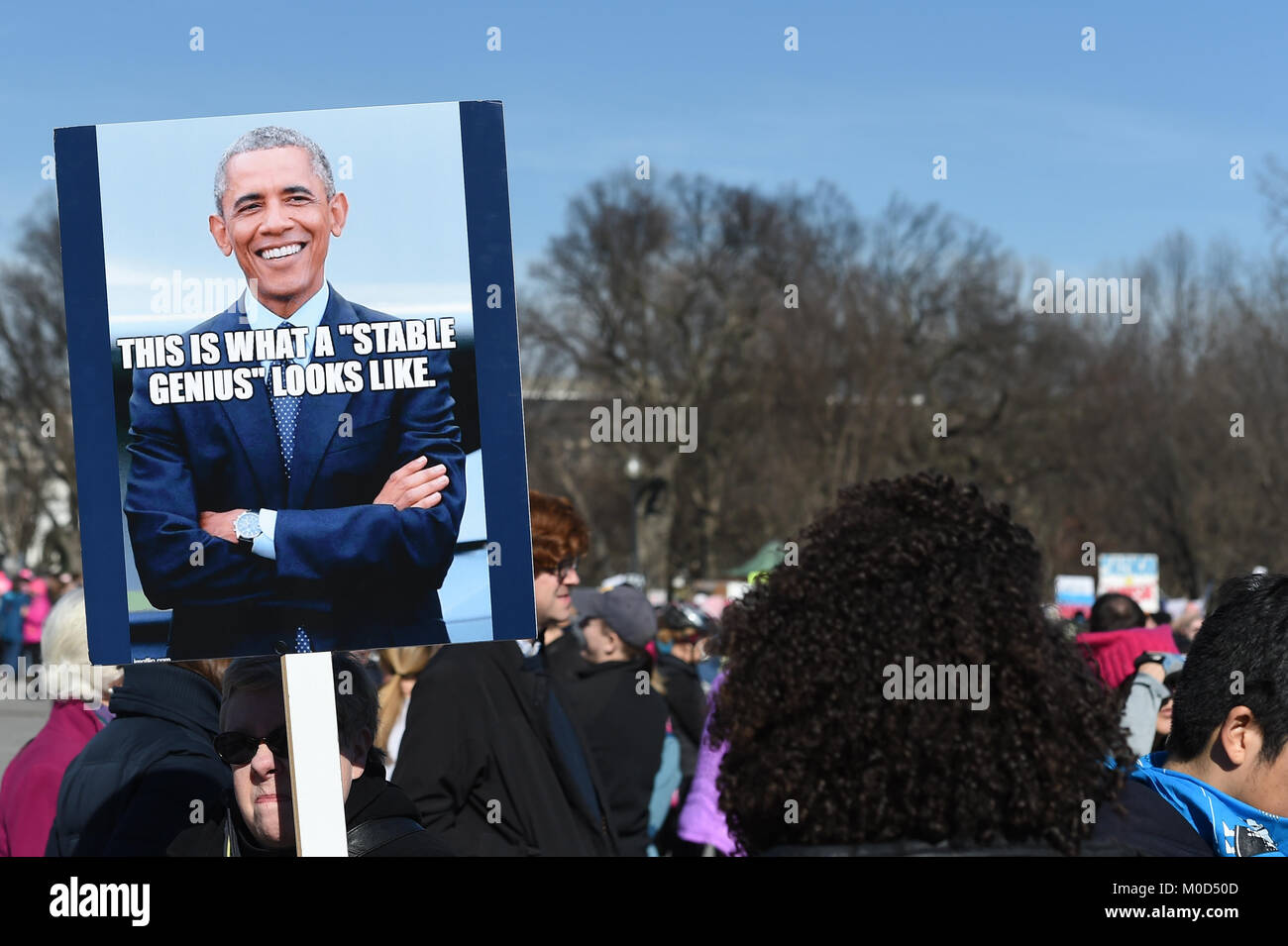 Washington DC, USA. 20th Jan, 2018. Jan. 20th Jan, 2018. A woman holding an Obama support poster walks during the Women's March around Lincoln Memorial in Washington, DC, on Jan. 20, 2018 in Washington Credit: csm/Alamy Live News Credit: Cal Sport Media/Alamy Live News Stock Photo