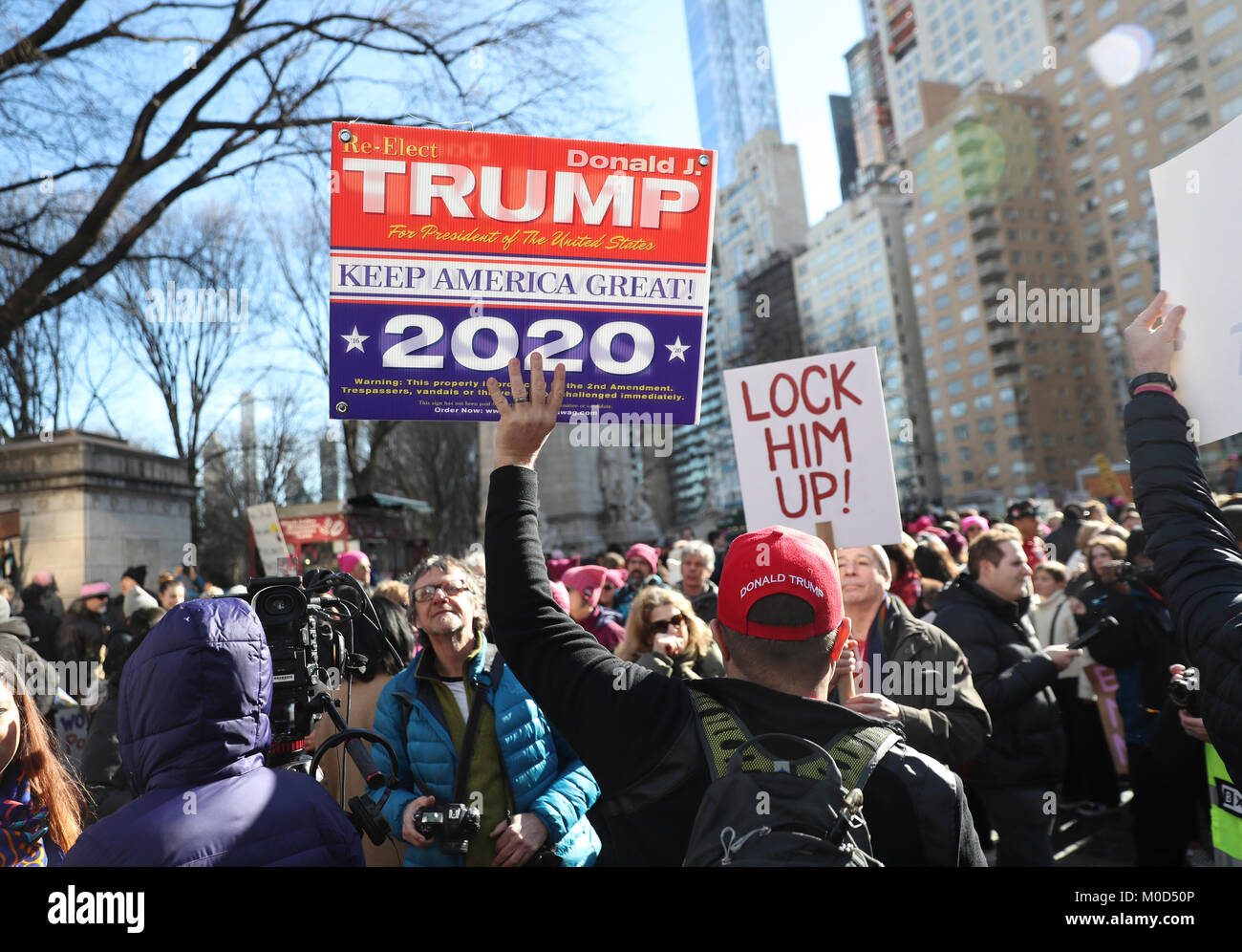 New York, USA. 20th Jan, 2018. A supporter of U.S. President Donald Trump attends the 2018 Women's March in New York, the United States, Jan. 20, 2018. Tens of thousands of people took to the streets in New York City on Saturday to show support for groups including women, immigrants and people of color. Credit: Wang Ying/Xinhua/Alamy Live News Stock Photo