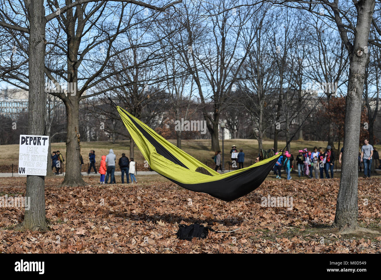 Washington DC, USA. 20th Jan, 2018. Jan. 20th Jan, 2018. A man rests in a hammock with a deport Me sign next to him during the Women's March around Lincoln Memorial in Washington, DC, on Jan. 20, 2018 in Washington Credit: csm/Alamy Live News Credit: Cal Sport Media/Alamy Live News Stock Photo