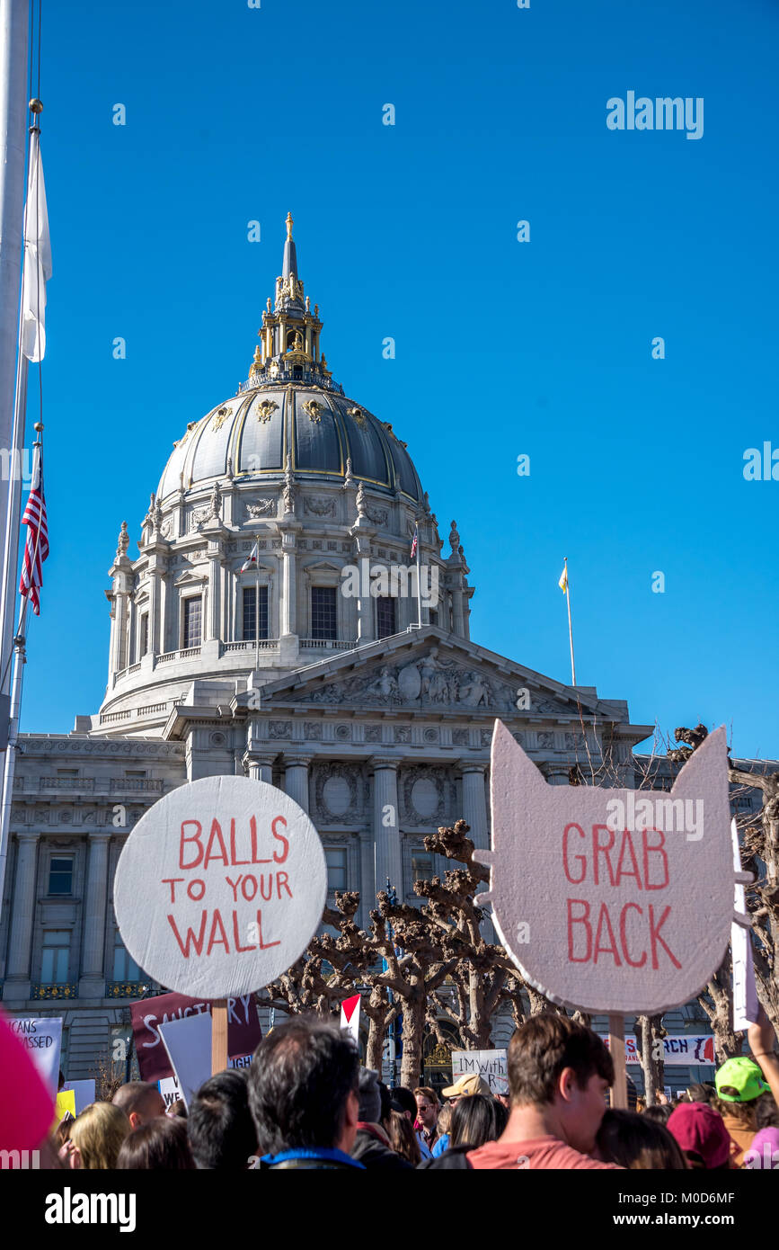 San Francisco, California, USA. 20th January, 2018. The 2018 Women's March in San Francisco, organized by Women's March Bay Area. Large protest signs read 'Balls to Your Wall' and 'Grab Back' in front of City Hall. Stock Photo