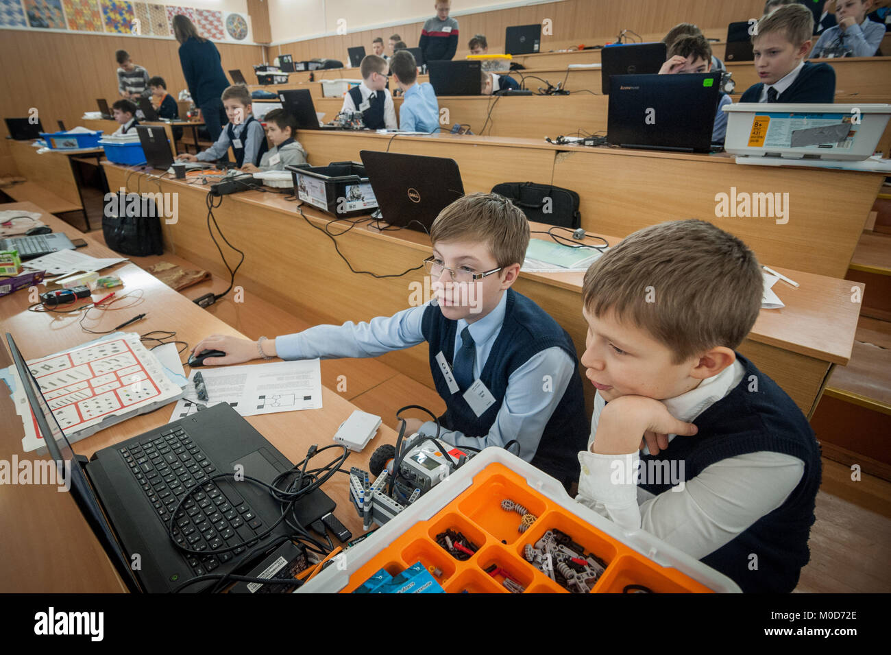 Tambov, Tambov region, Russia. 21st Jan, 2018. The participants of the robotics Olympiad to perform a theoretical task Credit: Aleksei Sukhorukov/ZUMA Wire/Alamy Live News Stock Photo