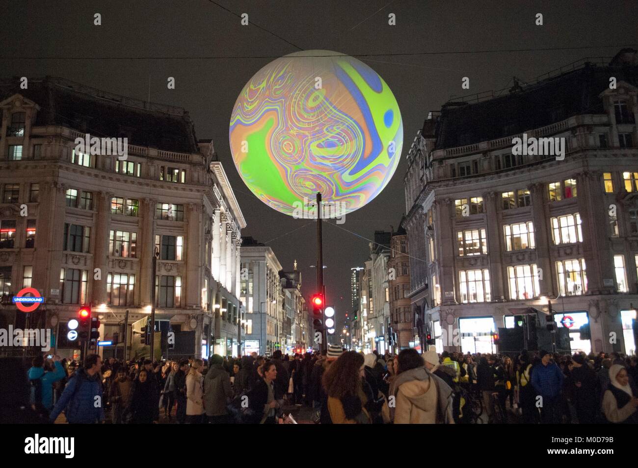 Lumiere London 2018. Origin of the World bubble by Miguel Chevalier suspended over Oxford Circus. The city-wide light festival organised by The Mayor of London and Artichoke is expected to draw up to 1.25 million visitors over its four-day run 18th-21st January in London, UK. 20th January 2018. Credit: Antony Nettle/Alamy Live News Stock Photo