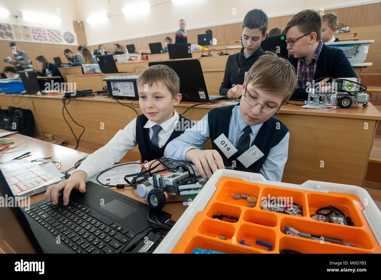 Tambov, Tambov region, Russia. 21st Jan, 2018. The participants of the robotics Olympiad to perform a theoretical task Credit: Aleksei Sukhorukov/ZUMA Wire/Alamy Live News Stock Photo