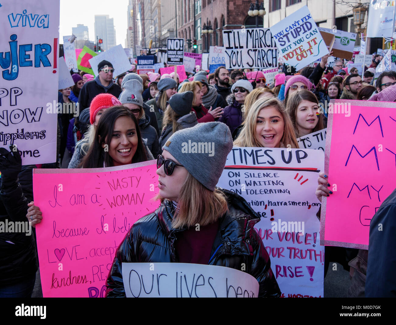 Chicago, Illinois, USA. 20th January 2018. Nearly 300,000 women and men gathered in Grant Park  for the Women's March to the Polls in this city today. Demonstrators then marched to Federal Plaza at Adams and Dearborn Streets. Stock Photo