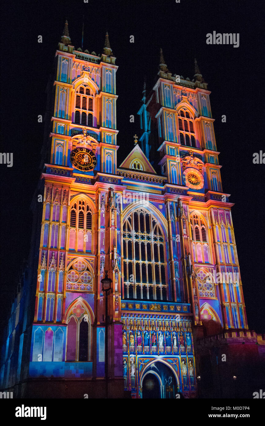 Lumiere London 2018. Light of the Spirit Chapter 2, created by Patrice Warrener, projected at Westminster Abbey. The city-wide light festival organised by The Mayor of London and Artichoke is expected to draw up to 1.25 million visitors over its four-day run 18th-21st January in London, UK. 20th January 2018. Credit: Antony Nettle/Alamy Live News Stock Photo