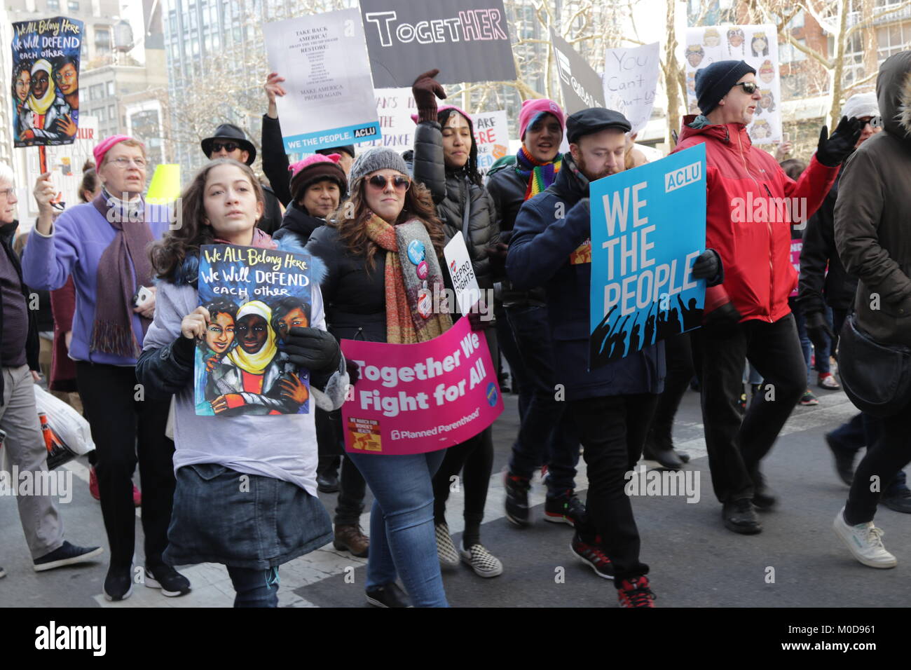 New York City, New York, USA. 20th Jan, 2018. Hundreds-of-thousands protesters once again took to the streets in Manhattan, New York on 20 January, 2018, for the 2nd. annual Women's March, protesting the presidency of US president Donald Trump and his misogynist and racist policies. Other protest marches and rallies were scheduled to take place in other cites around the globe. Credit: 2018 G. Ronald Lopez/ZUMA Wire/Alamy Live News Stock Photo