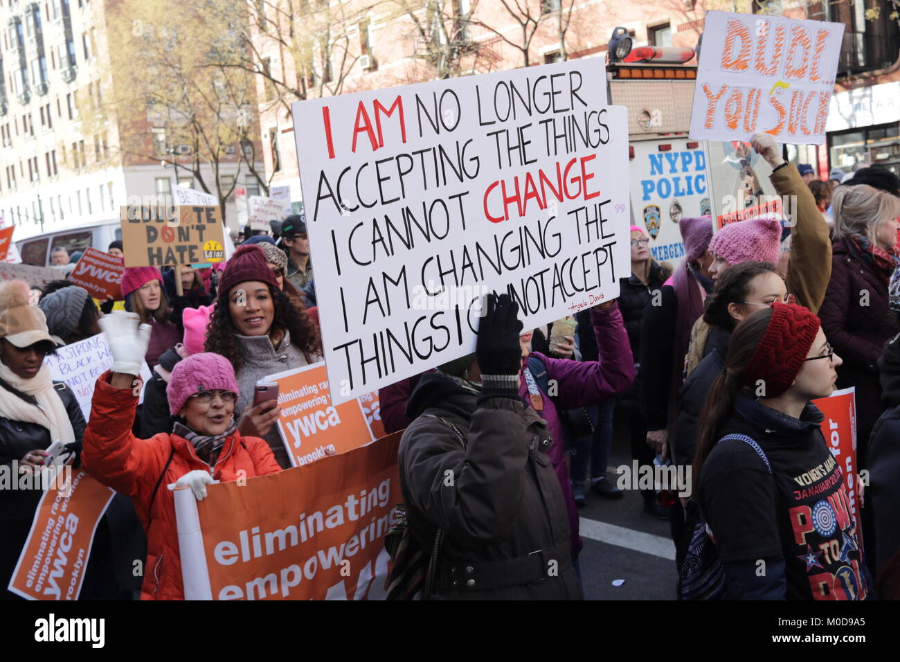 New York City, New York, USA. 20th Jan, 2018. Hundreds-of-thousands protesters once again took to the streets in Manhattan, New York on 20 January, 2018, for the 2nd. annual Women's March, protesting the presidency of US president Donald Trump and his misogynist and racist policies. Other protest marches and rallies were scheduled to take place in other cites around the globe. Credit: 2018 G. Ronald Lopez/ZUMA Wire/Alamy Live News Stock Photo