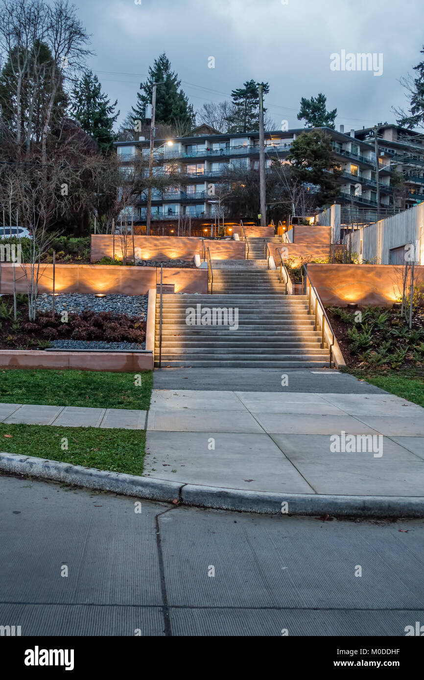 A outdoor stairway in West Seattle is lit by soft lights. Stock Photo