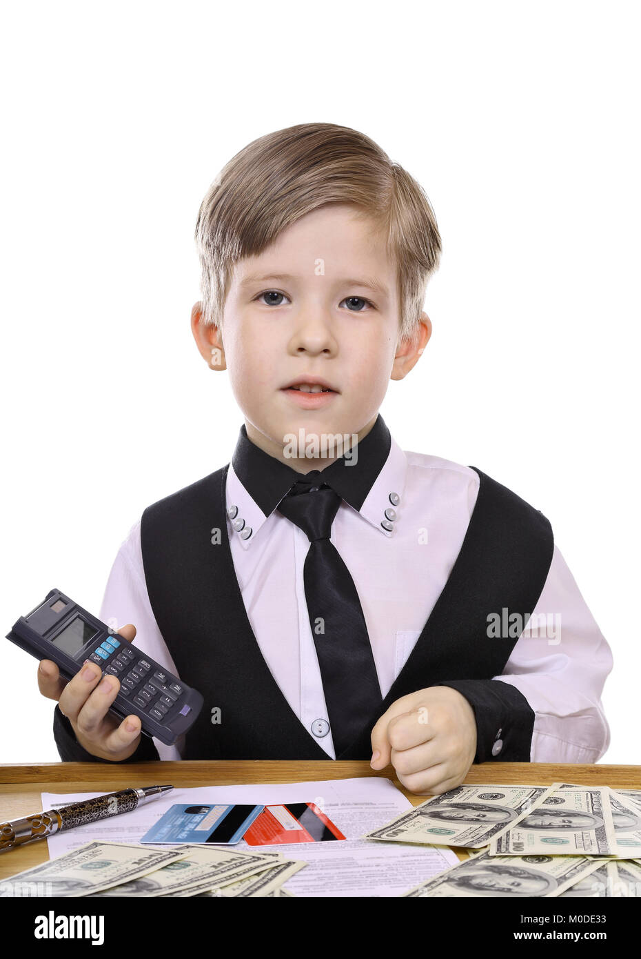 Modern children's game - the banker, financier. Counts the debit-credit Stock Photo