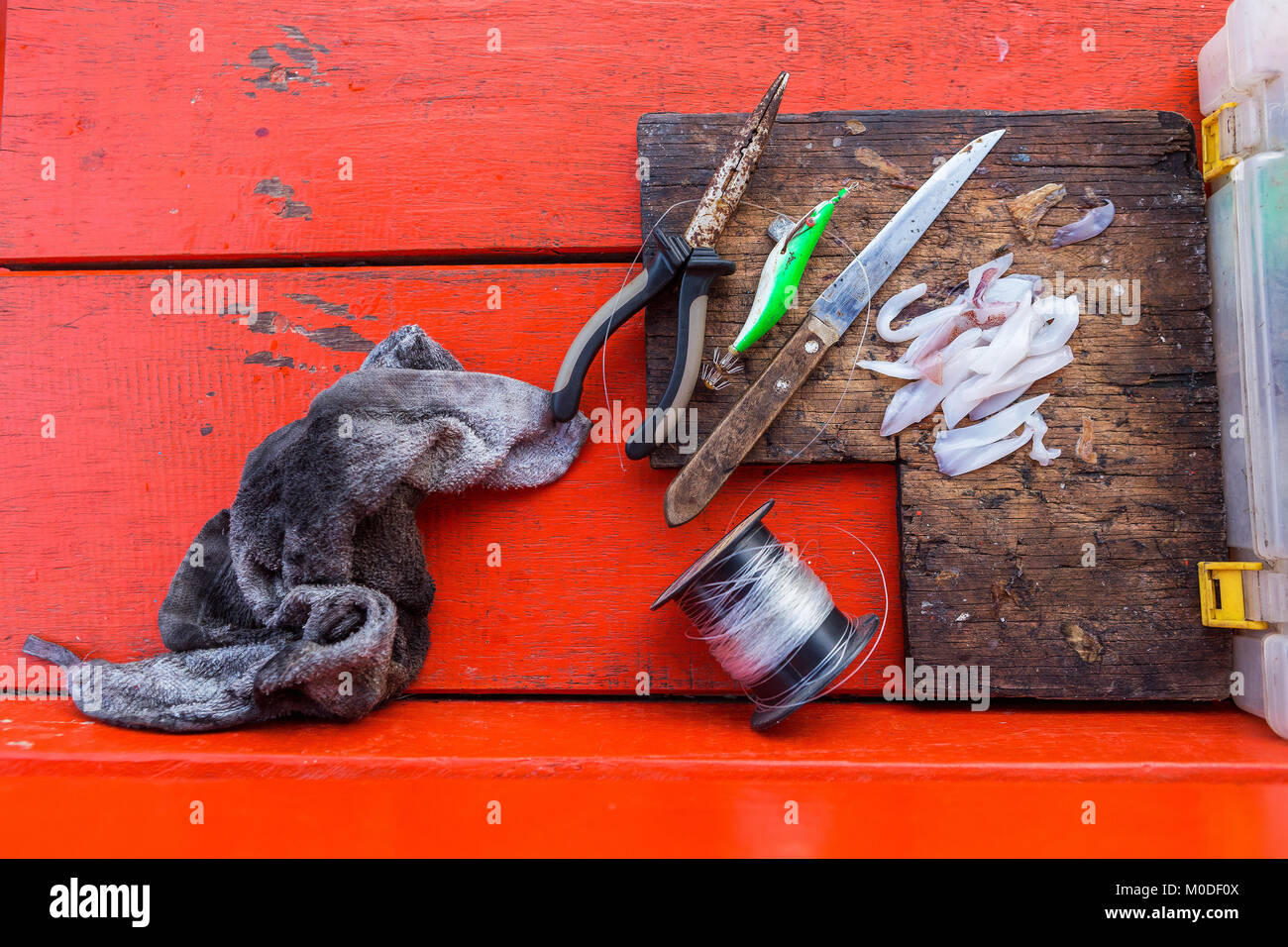 Fishing gear with victim squid and chopping board Stock Photo