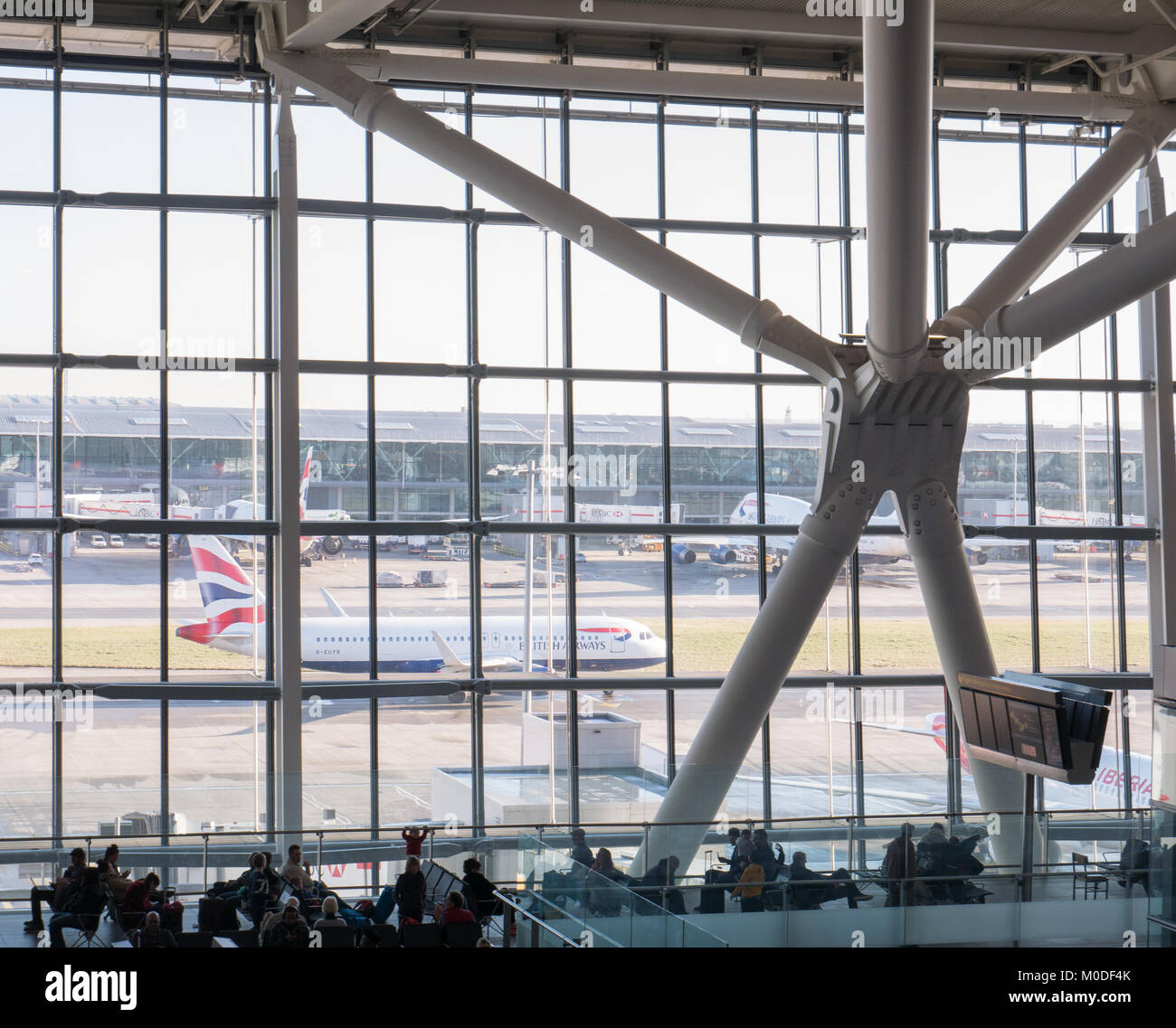 UK, London, Heathrow airport, terminal 5. 12/28/2017. The busy terminal was designed to handle 35 million passengers a year. Stock Photo