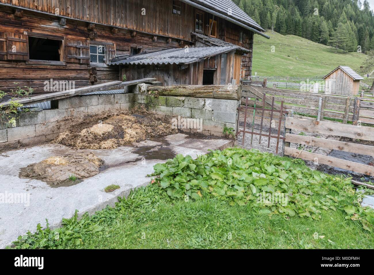 Old farm with dungheap in the mountains, Austria Stock Photo Alamy