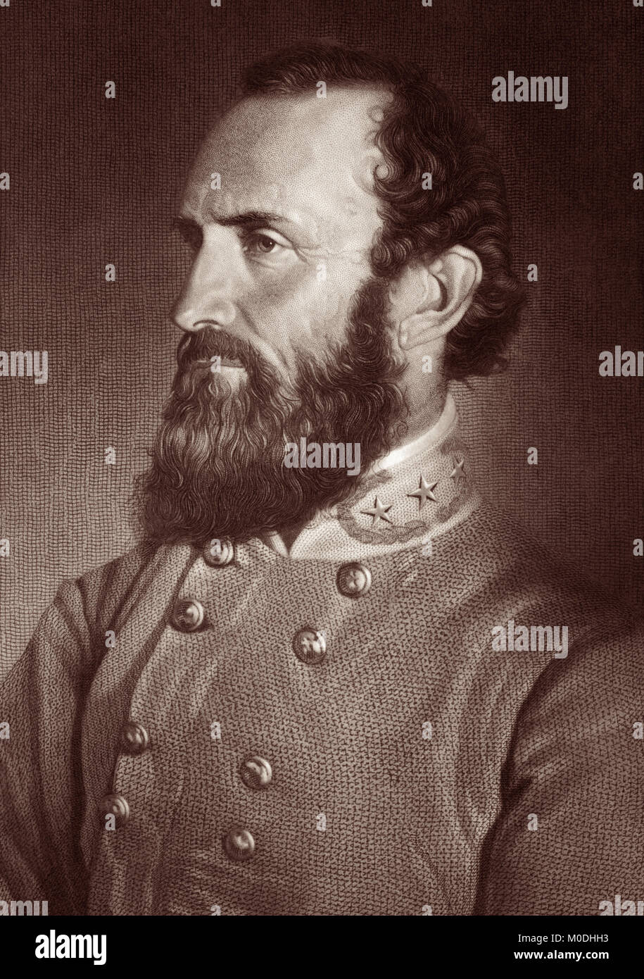 Thomas Jonathan 'Stonewall' Jackson (1824–1863) was a Lieutenant General for the Confederate States of America (CSA) during the American Civil War, and the best-known Confederate commander after General Robert E. Lee. (Engraving from a photo portrait taken April 26, 1869, seven days before being wounded at the Battle of Chancellorsville.) Stock Photo