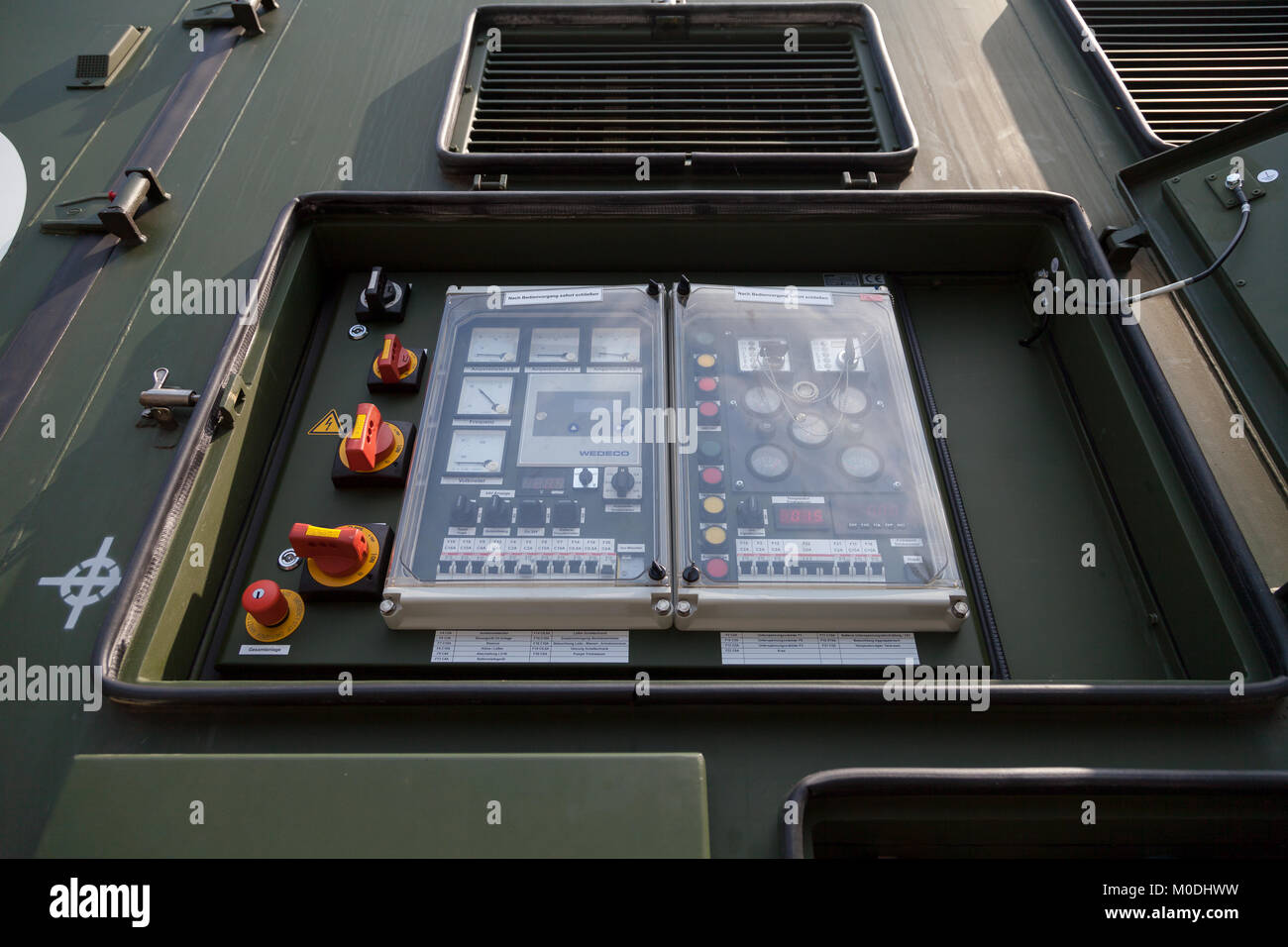 BURG / GERMANY - JUNE 25, 2016: control panel from german military rescue station generator trailer Stock Photo