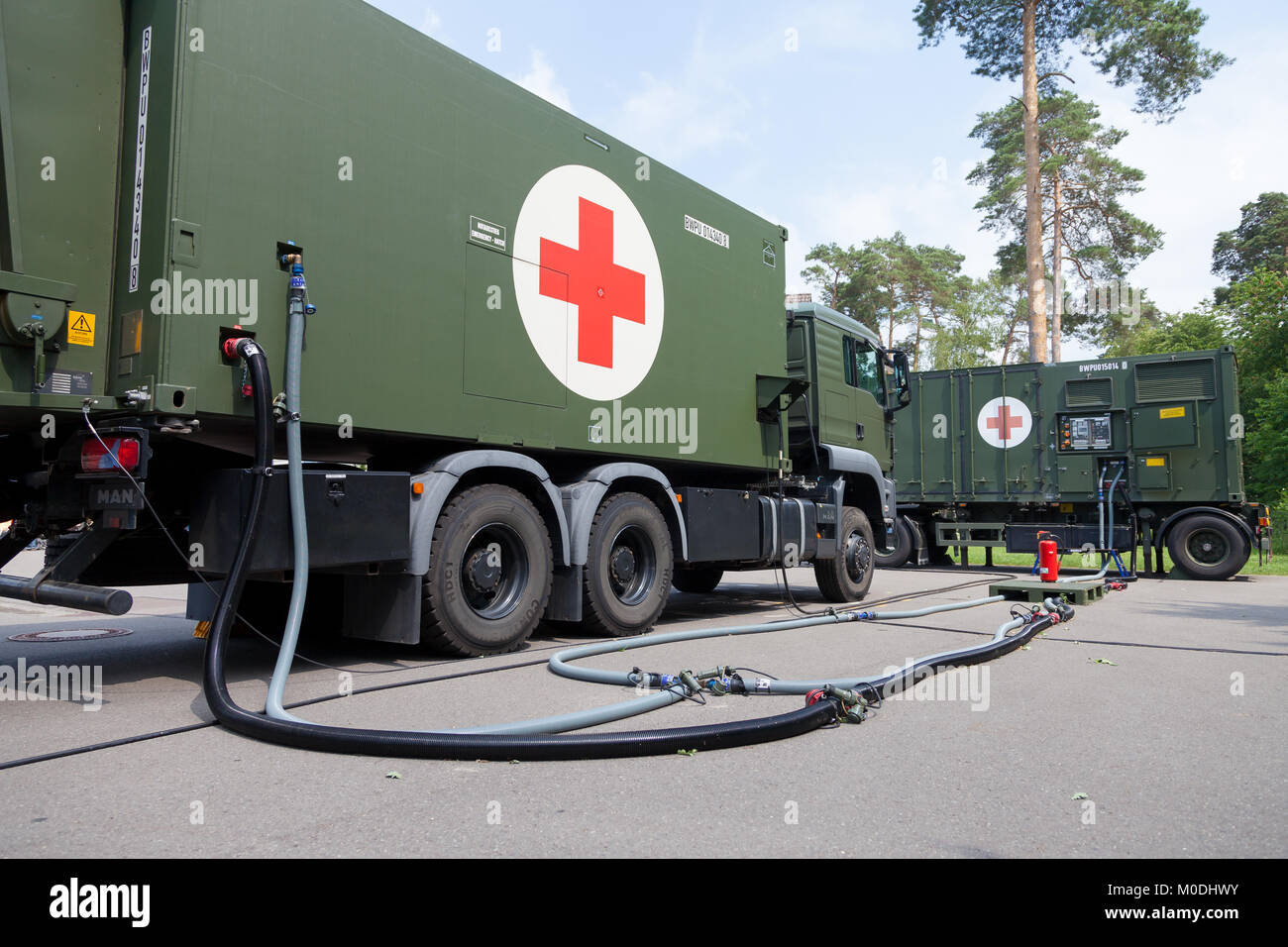 BURG / GERMANY - JUNE 25, 2016: german military rescue station truck stands on platform at open day in barrack burg Stock Photo