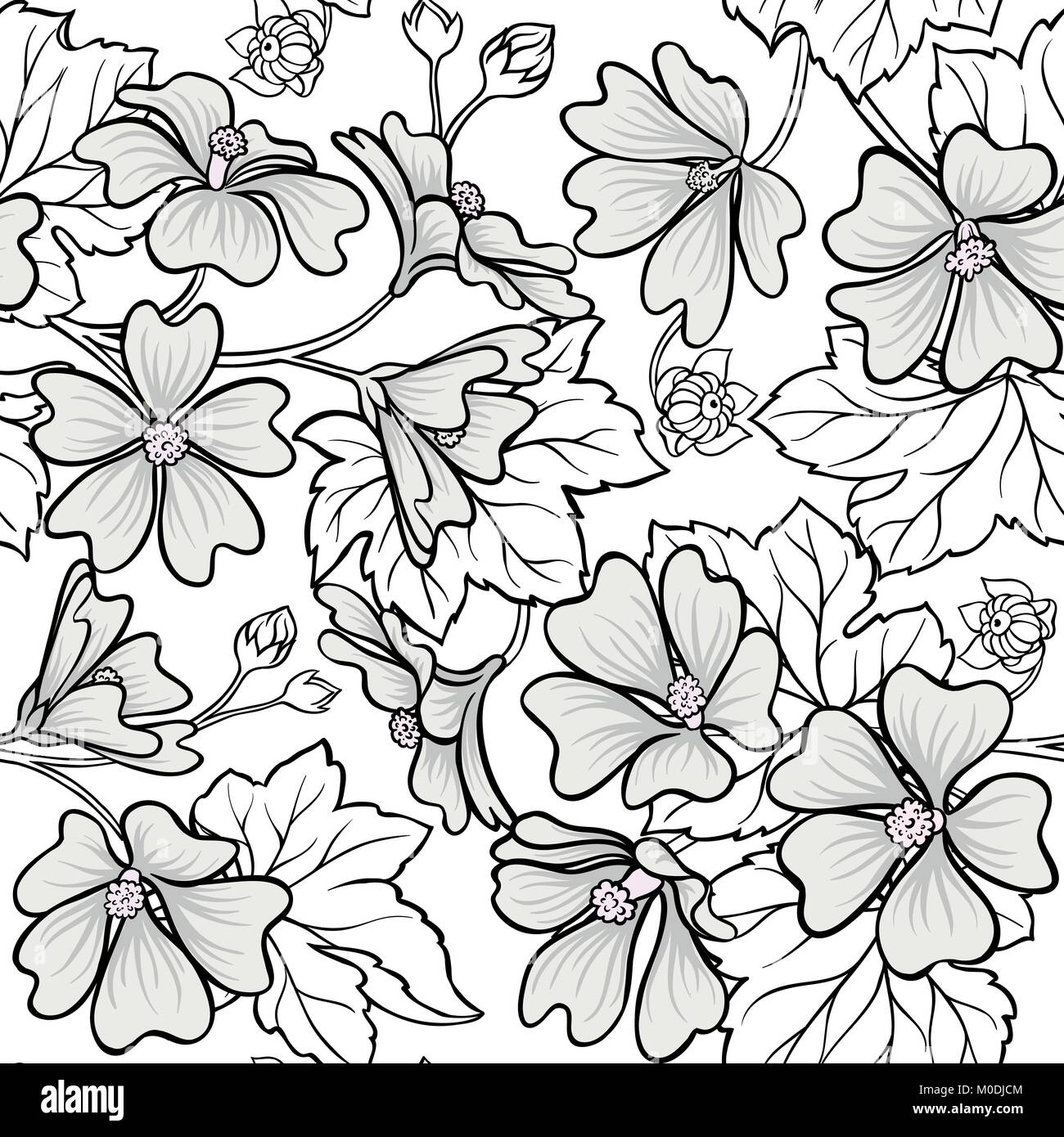 malva plant seamless pattern on white background Stock Vector