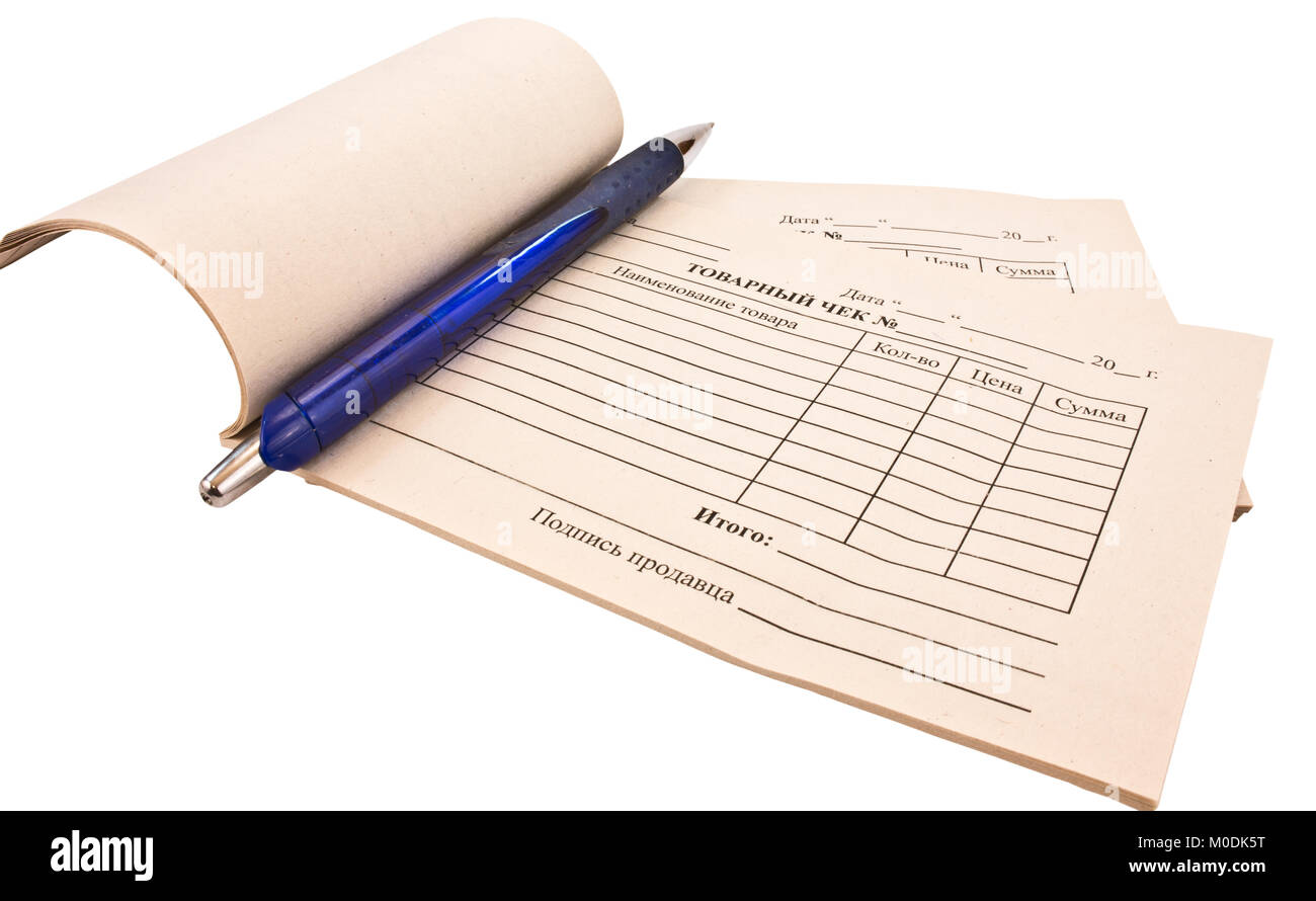 Empty form of commodity check and ball-point pen on a white background Stock Photo