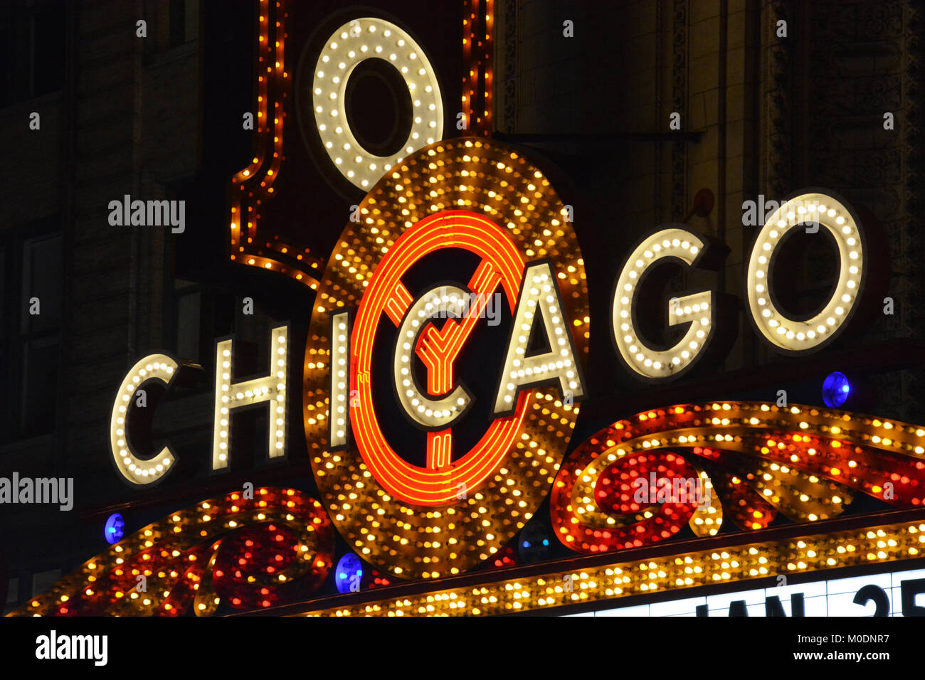The iconic marquee in front of the Chicago Theater is an unofficial