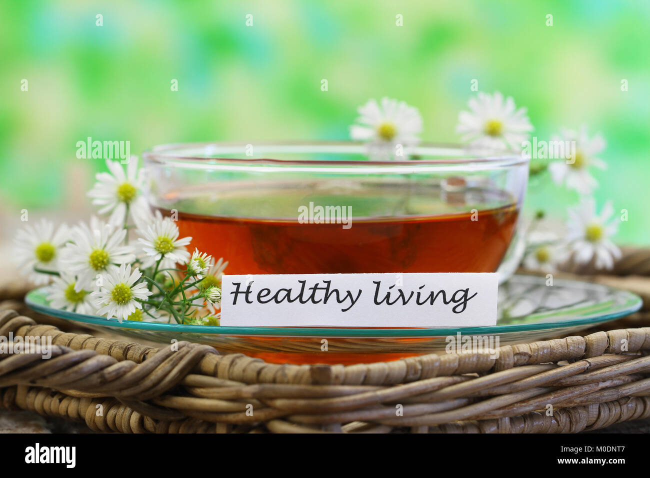 Healthy living card with cup of chamomile tea with copy space Stock Photo