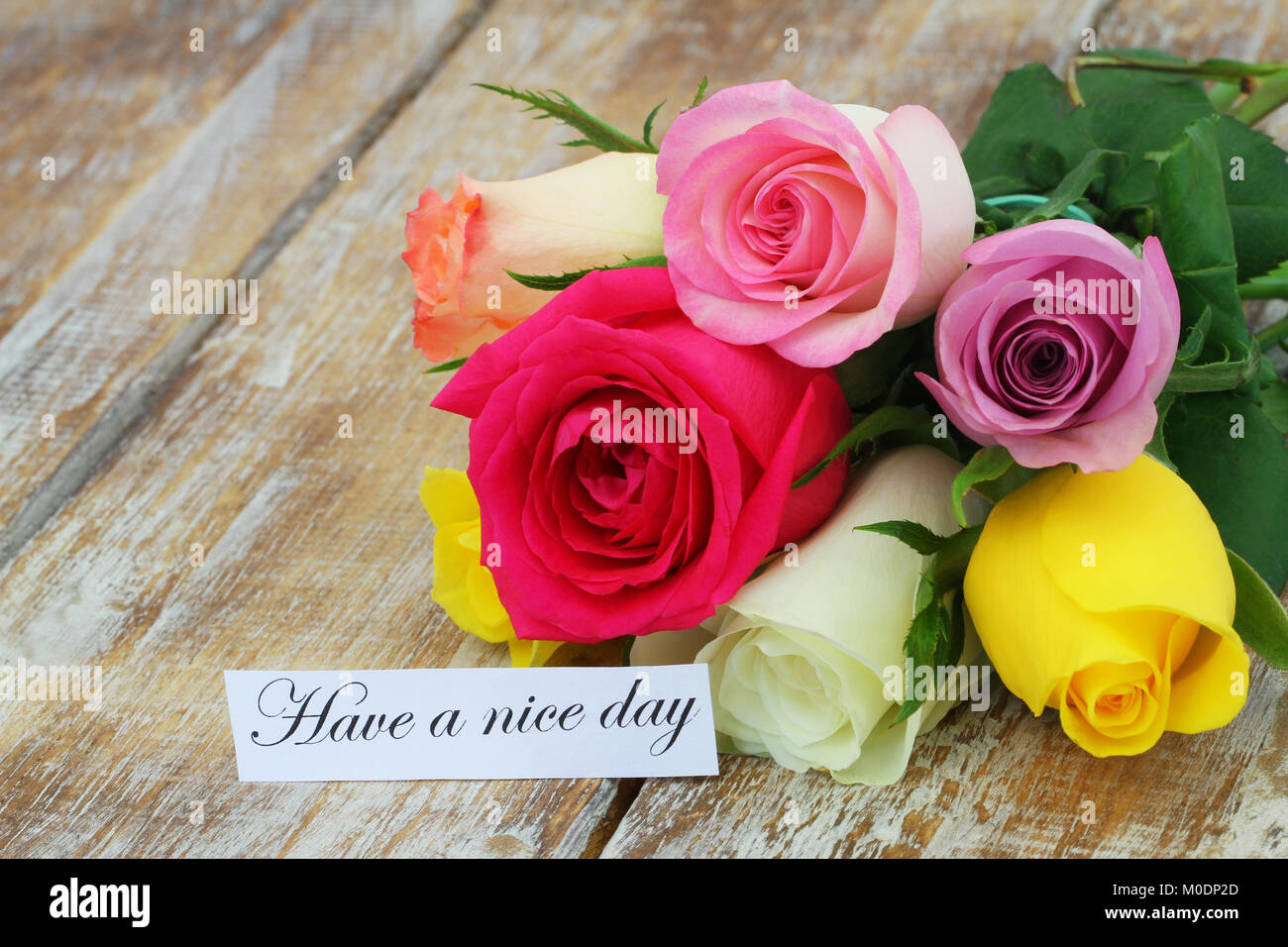 Have a nice day card with colorful rose bouquet on rustic wooden ...