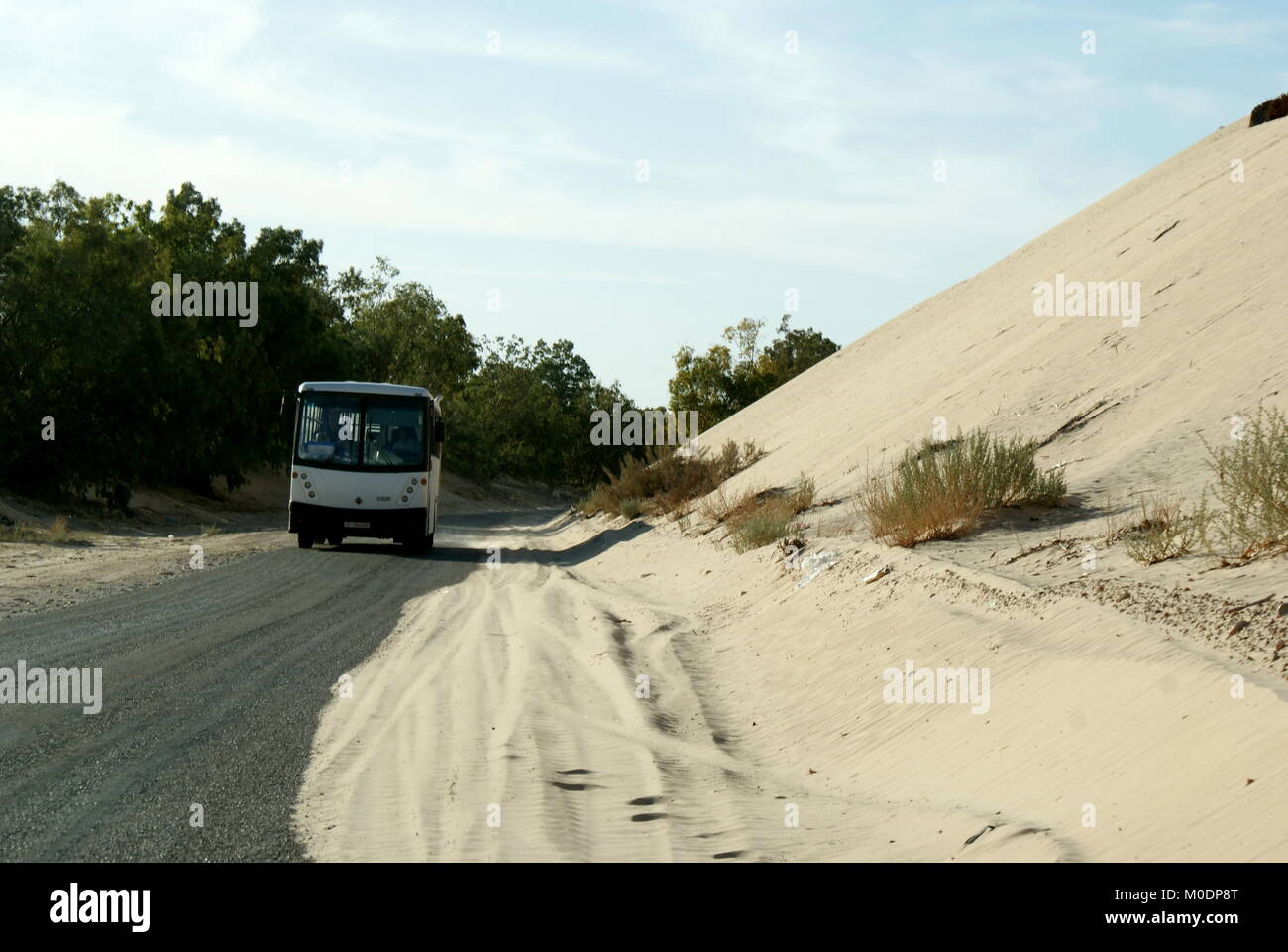 Bus driving along a sandy road near Douz, the gateway to the Sahara, Kebili district, Tunisia Stock Photo