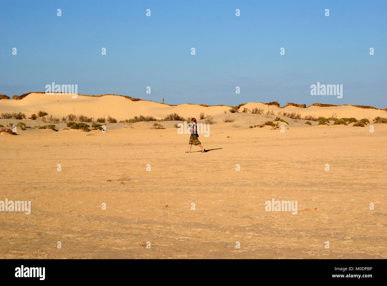 Lady walking towards sand dunes near Douz, Sahara desert, Kebili district, Tunisia Stock Photo