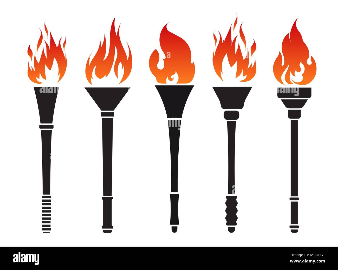 Set of five vector torches with fire Stock Vector