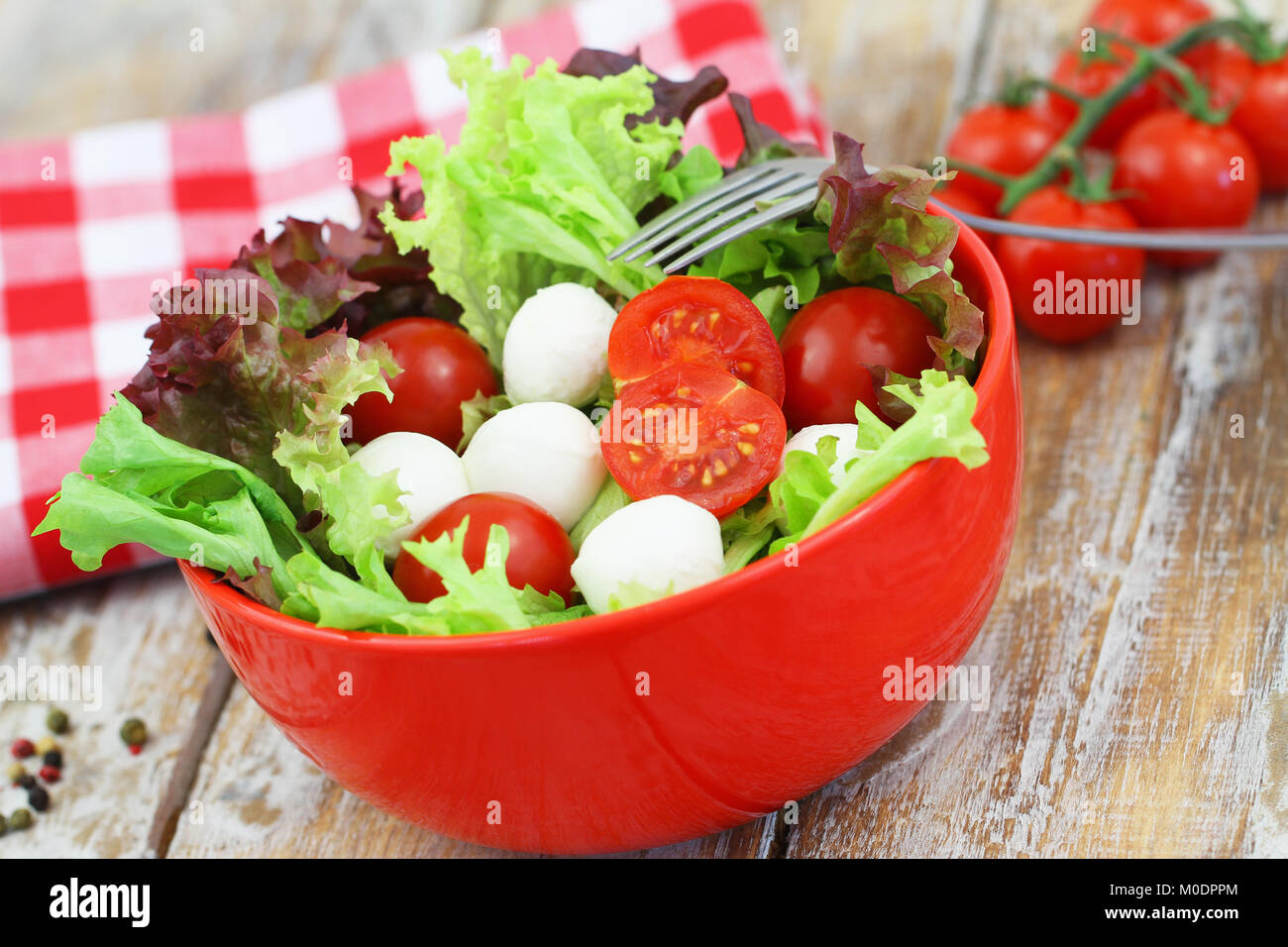 Bowl of mozzarella salad with cherry tomatoes and lettuce, closeup Stock Photo
