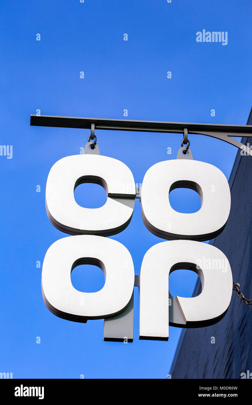 The new Co-op logo, introduced in 2016 on outside wall UK Stock Photo